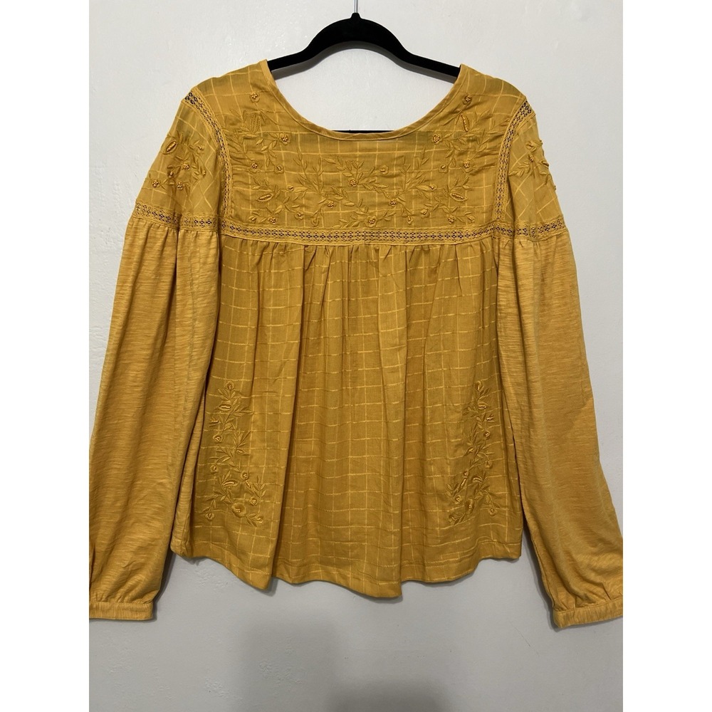 Mustard Yellow Cotton Embroidered Beaded Balloon Sleeve Tunic Boho Peasant L‎
